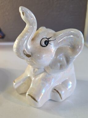 Vintage Iridescent Ceramic Baby Elephant Figurine Trunk Up Luck